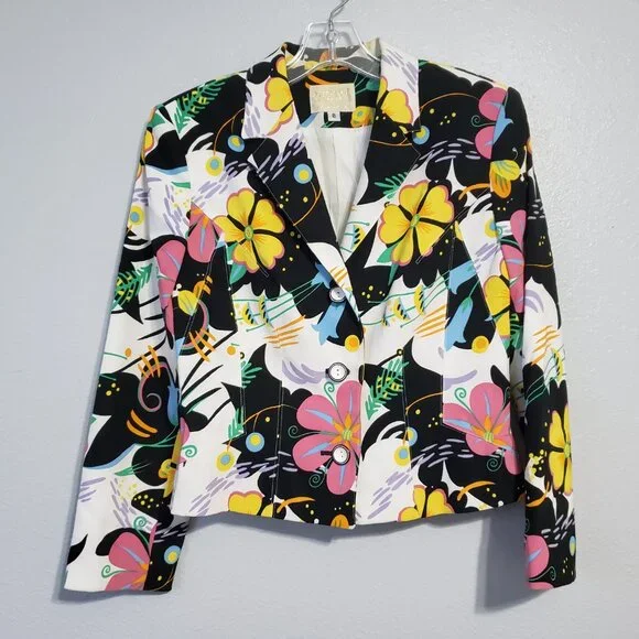 Vintage Alberto Makali Floral Print Suit Set Sz 8/10 Jacket and Skirt Colorful